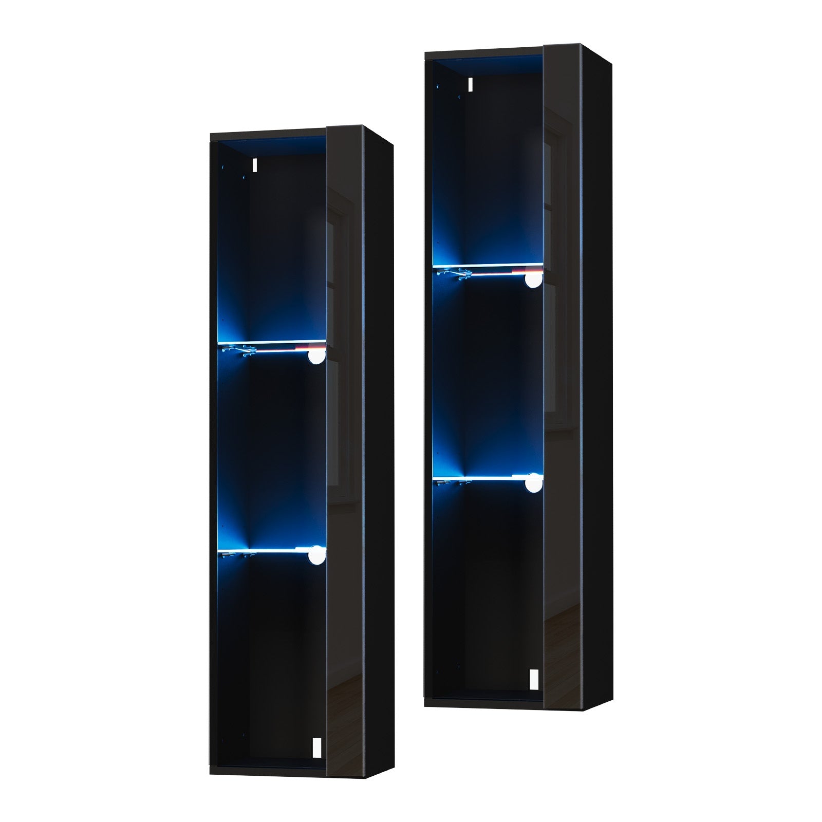 Oikiture 2PCS LED Display Cabinet Wall Mounted Storage Cupboard Cabinet Black