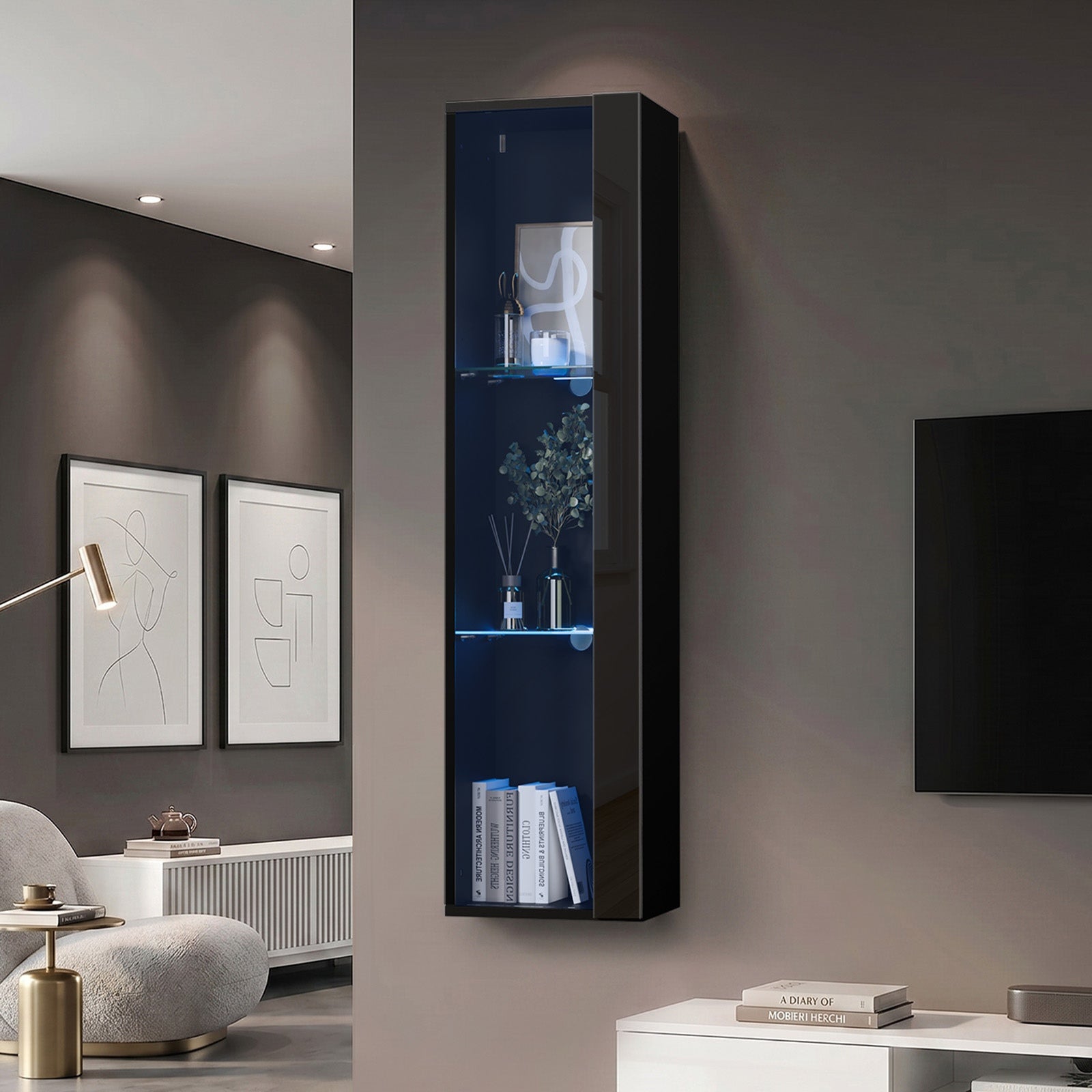 Oikiture Display Cabinet Sideboards Cupboard Wall Storage Unit LED Light 120cm