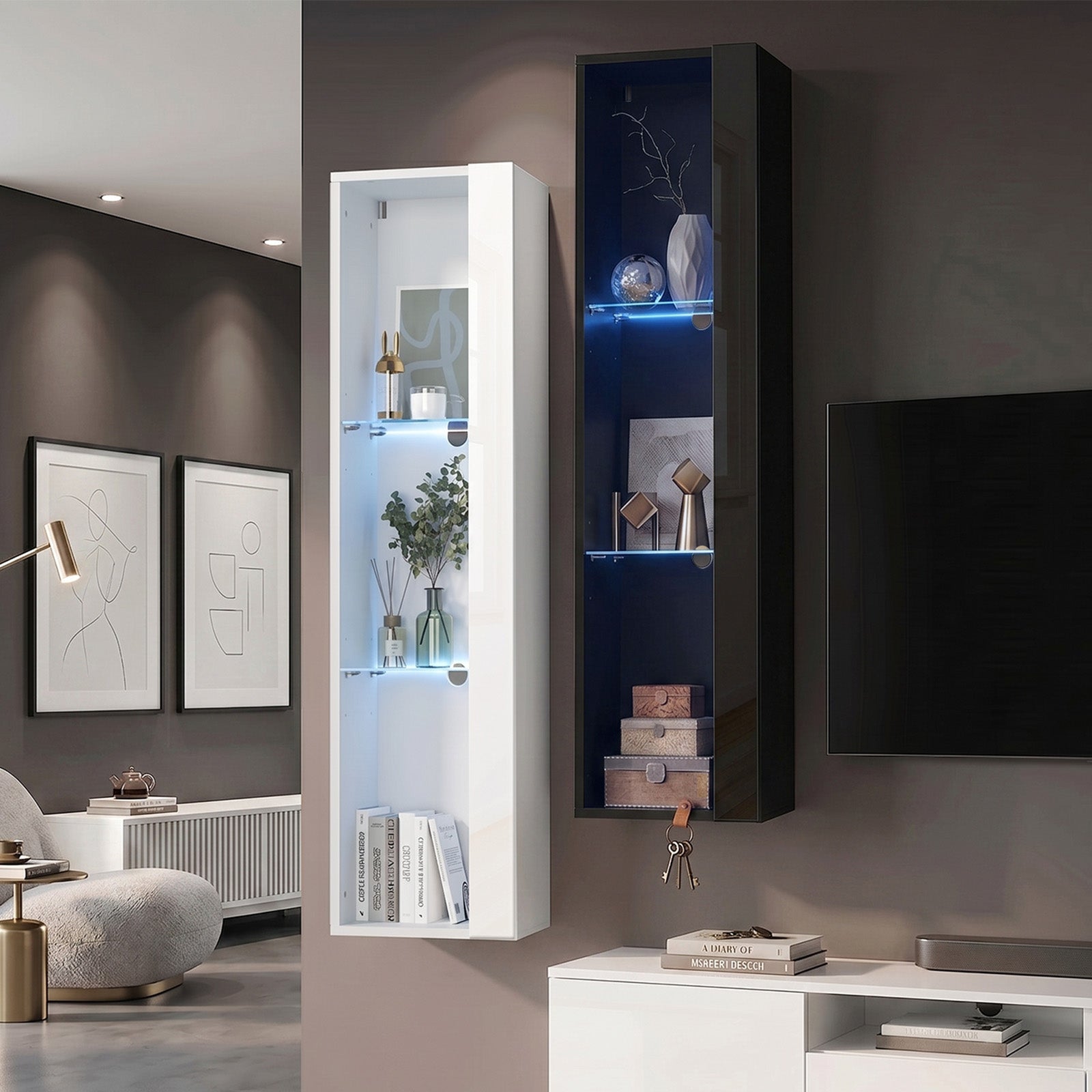 Oikiture Display Cabinet Sideboards Cupboard Wall Storage Unit LED Light 120cm