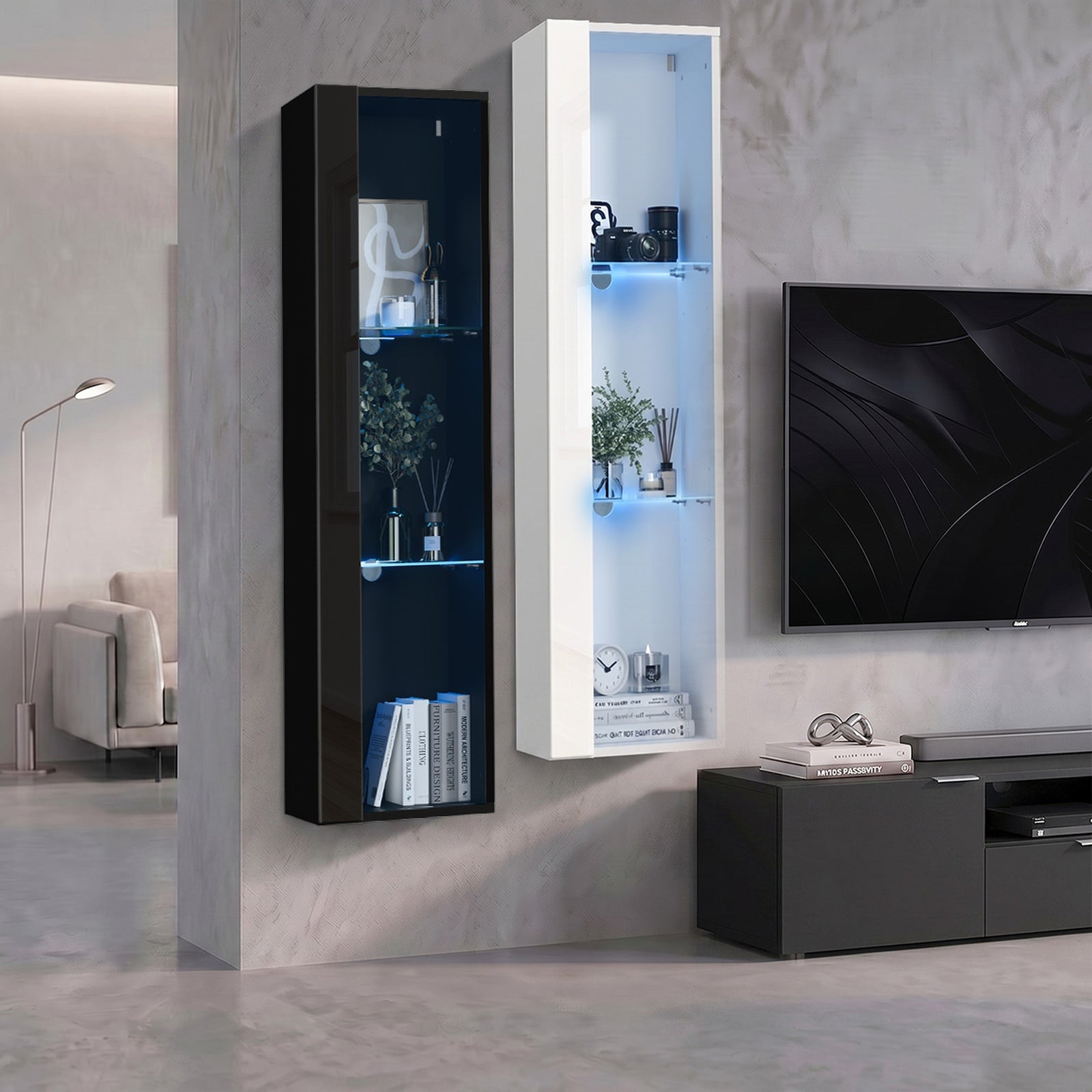 Oikiture Display Cabinet Sideboards Cupboard Wall Storage Unit LED Light 120cm