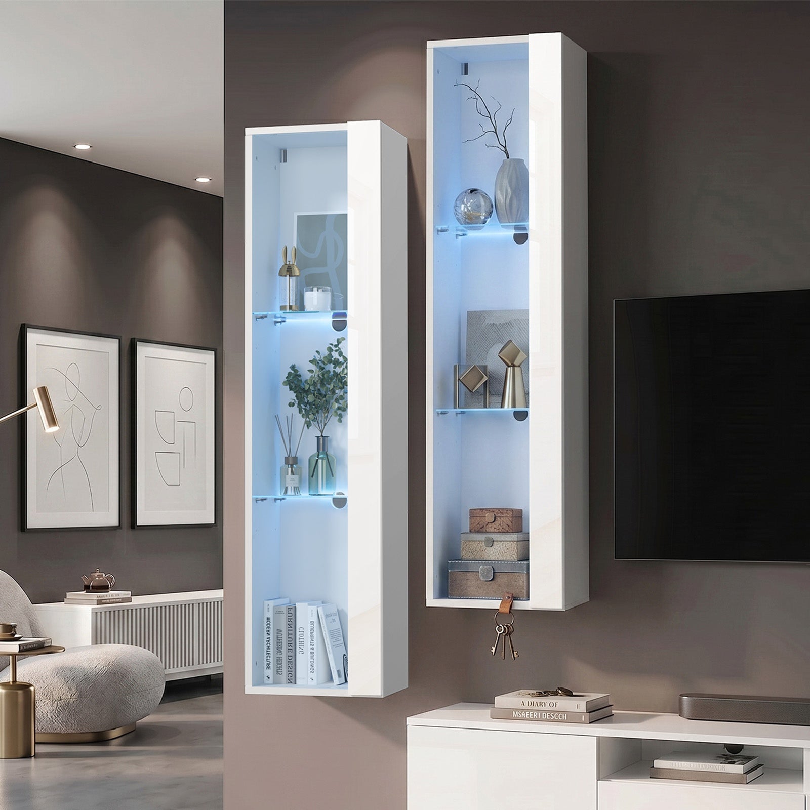 Oikiture 2PCS LED Display Cabinet Wall Mounted Storage Cupboard Cabinet White