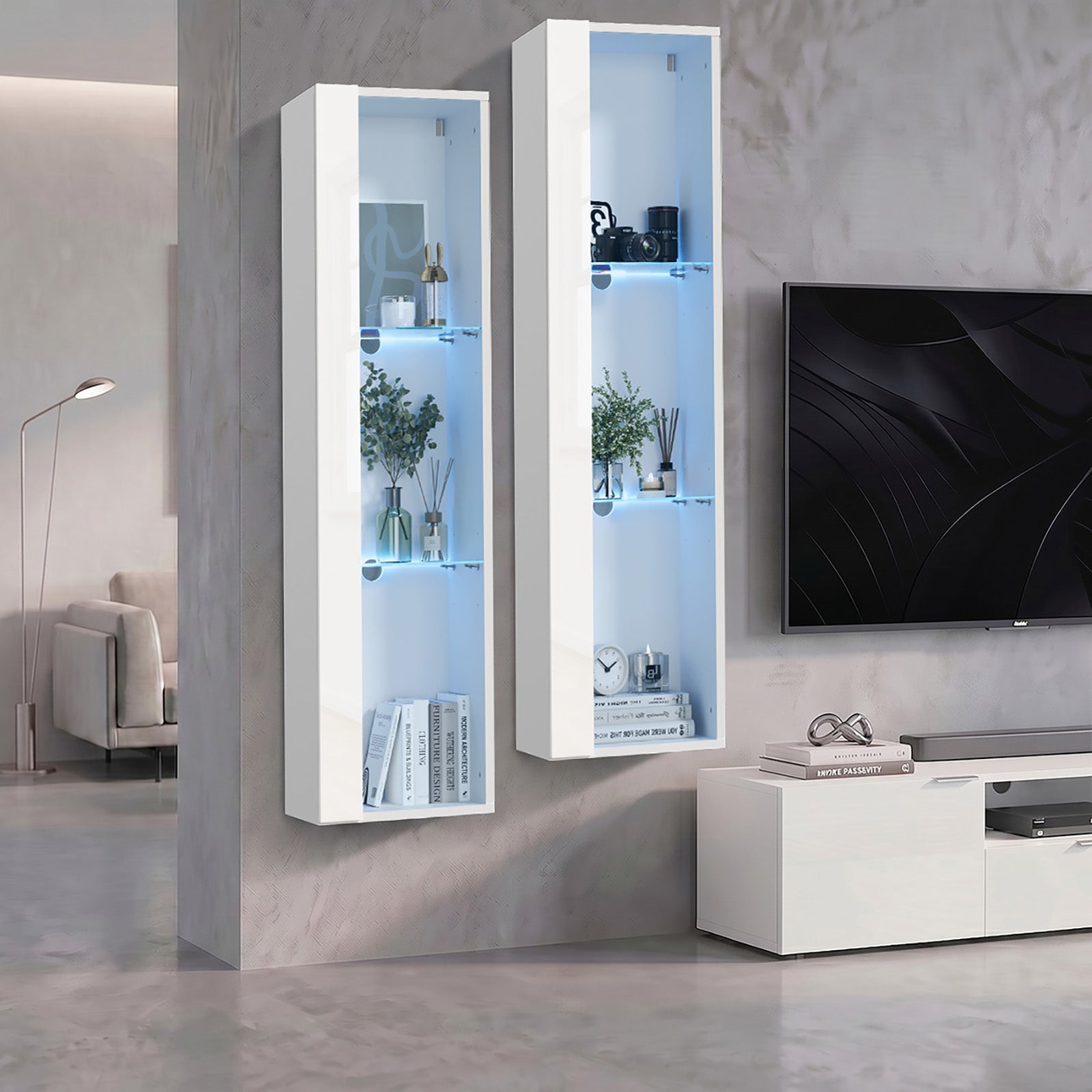Oikiture 2PCS LED Display Cabinet Wall Mounted Storage Cupboard Cabinet White