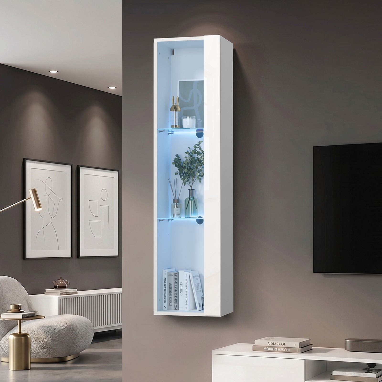 Oikiture Display Cabinet Sideboards Cupboard Wall Storage Unit LED Light 120cm