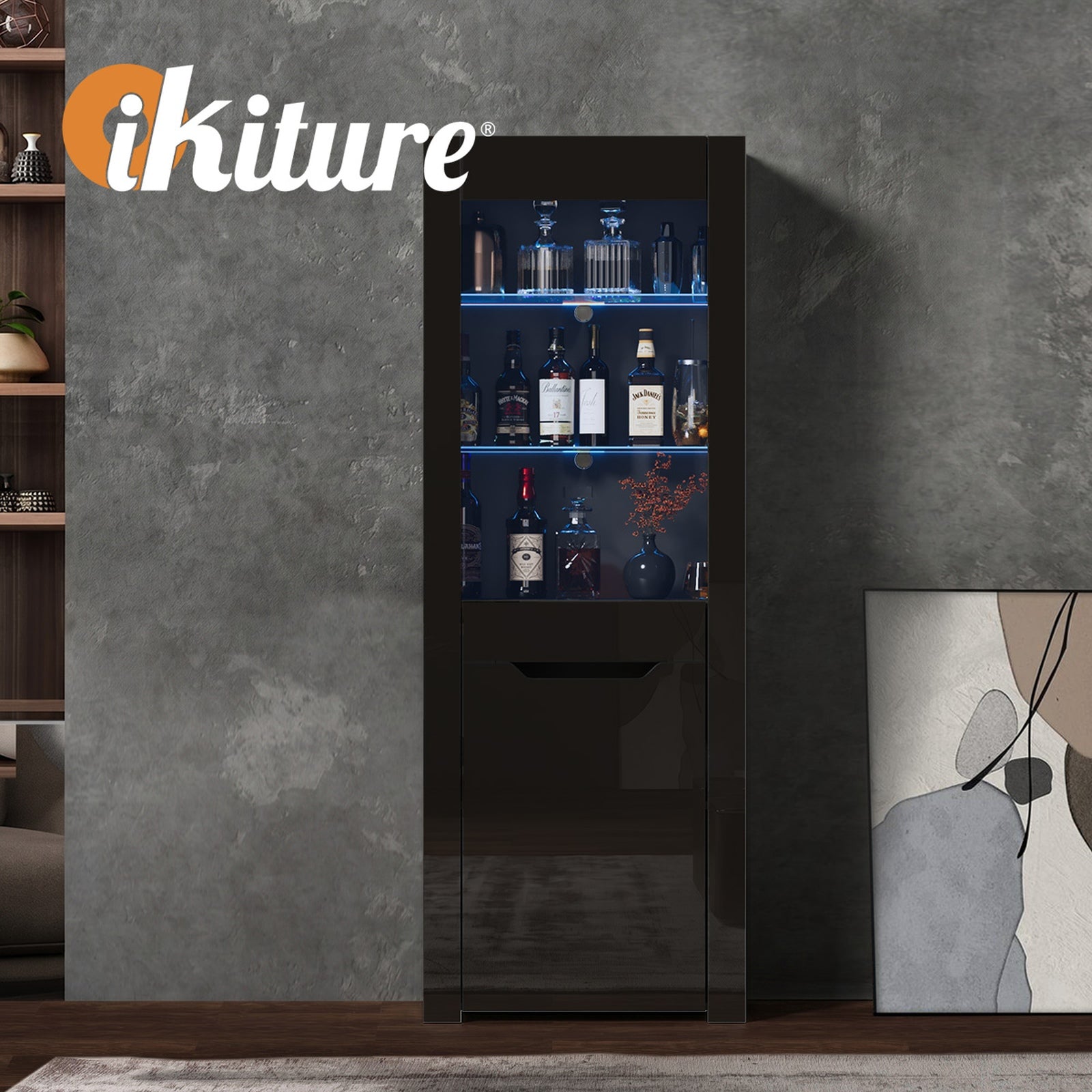 Oikiture Display Cabinet High Gloss LED Cupboard Tall Storage Sideboard 165cm