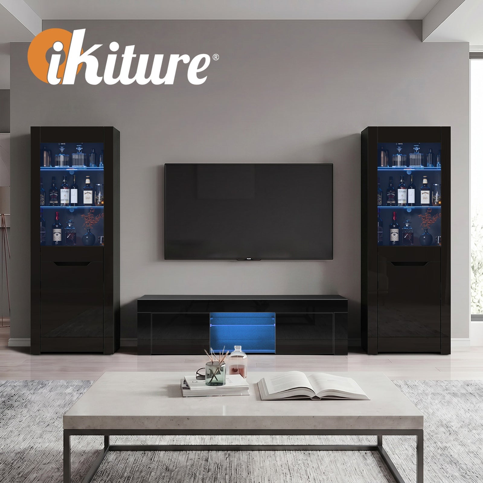 Oikiture 2x LED Display Cabinet Tall Sideboard Buffet High Gloss Cupboard Black