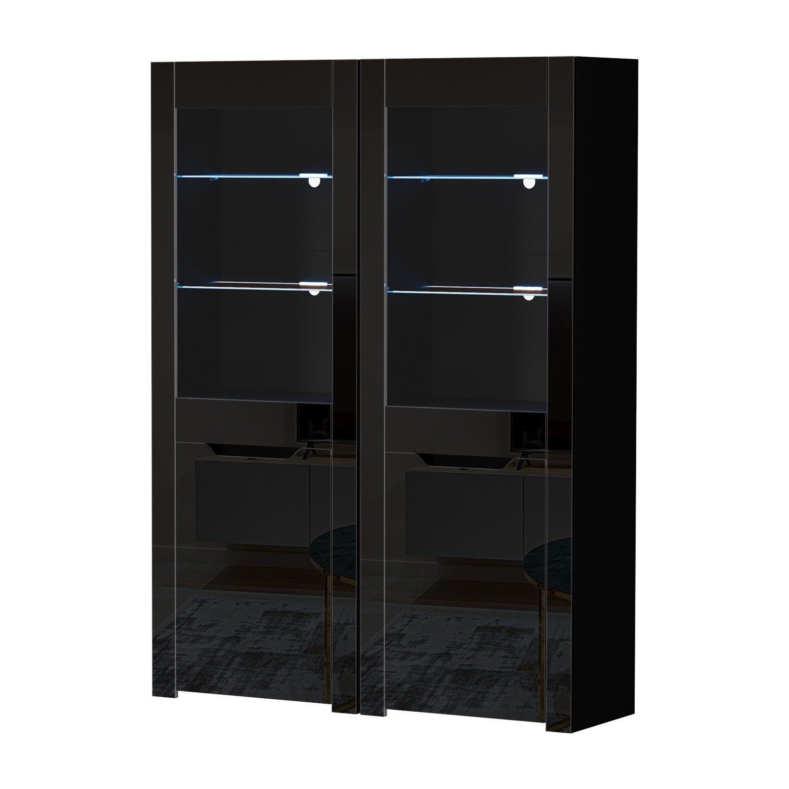 Oikiture 2x LED Display Cabinet Tall Sideboard Buffet High Gloss Cupboard Black