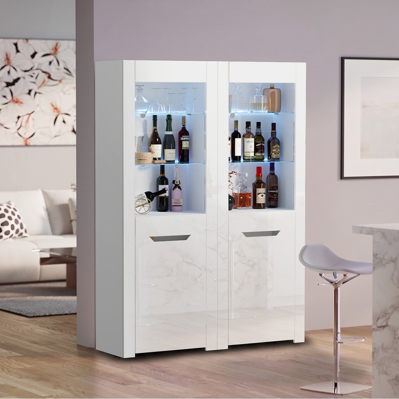 Oikiture Display Cabinet Buffet Sideboard High Gloss Cupboard LED Light White