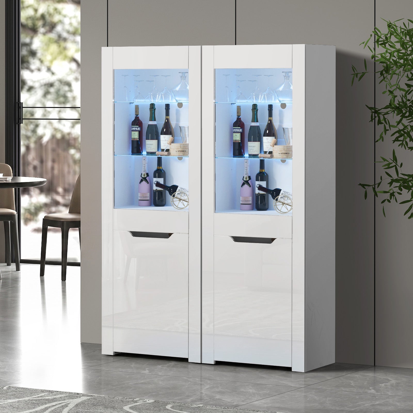 Oikiture 2x LED Display Cabinet Tall Sideboard Buffet High Gloss Cupboard White