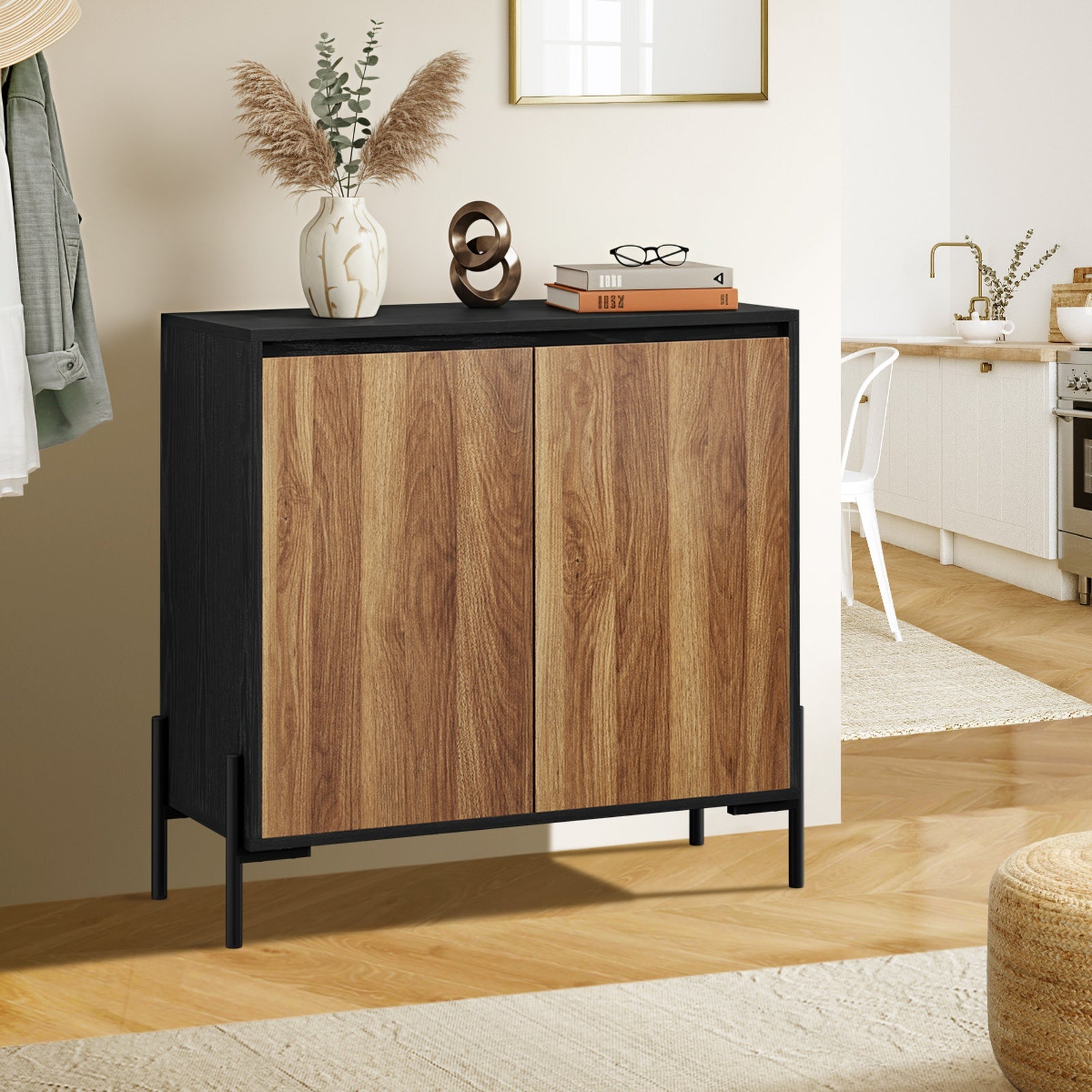 Oikiture Buffet Sideboard Storage Cabinet Cupboard 2 Doors Hallway Table Walnut - Sunyee