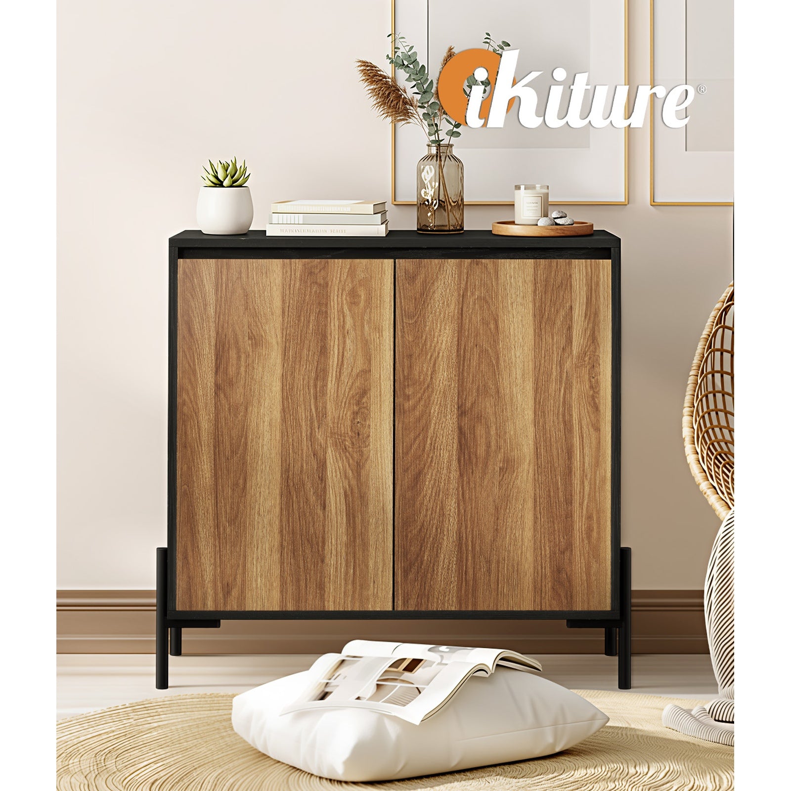 Oikiture Buffet Sideboard Storage Cabinet Cupboard 2 Doors Hallway Table Walnut - Sunyee