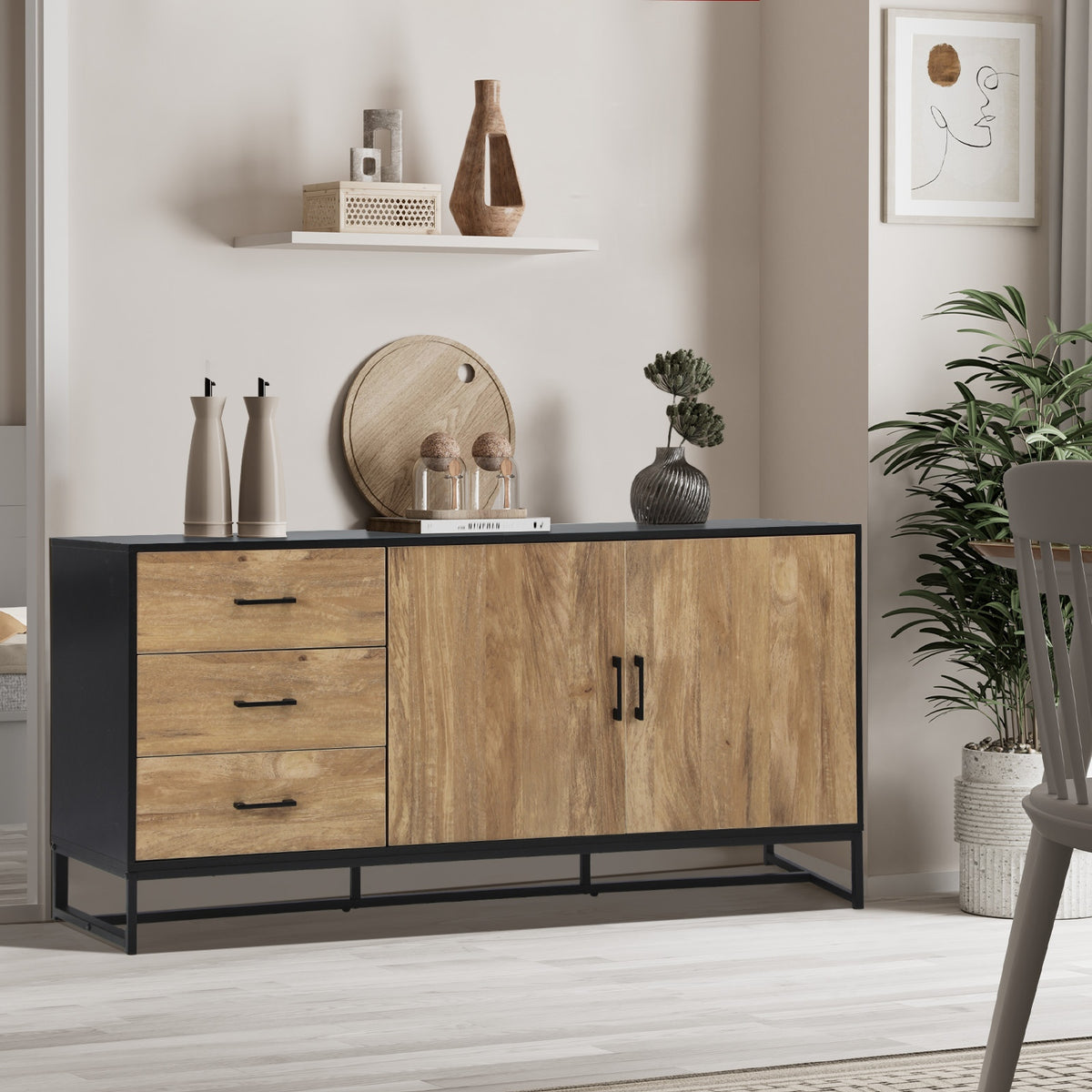 Oikiture Buffet Sideboard Cupboard Cabinet 3 Drawers 2 Door Pantry Storage Table - Sunyee