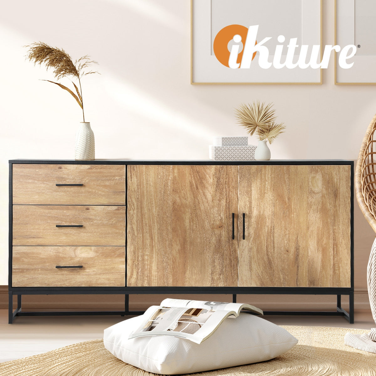 Oikiture Buffet Sideboard Cupboard Cabinet 3 Drawers 2 Door Pantry Storage Table - Sunyee