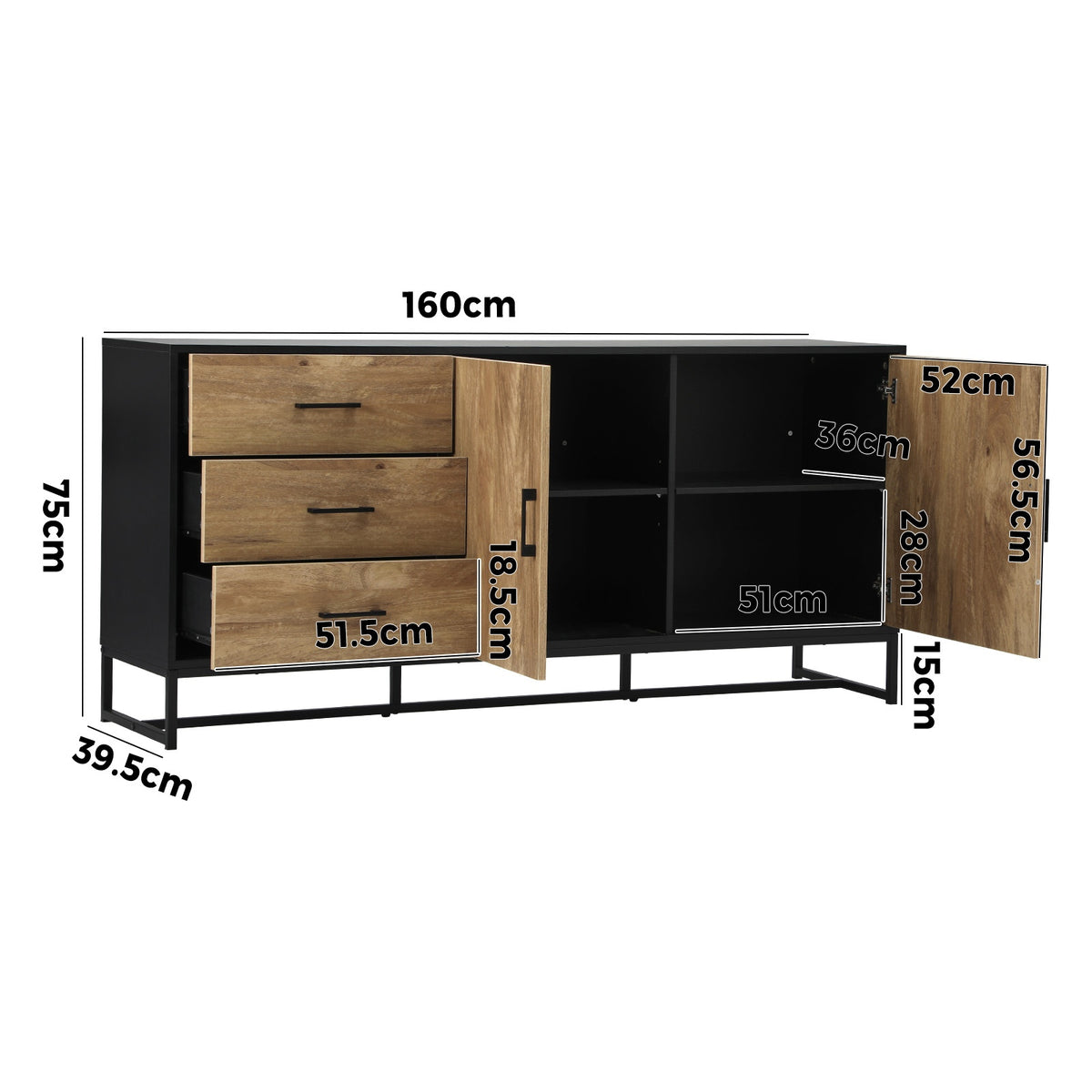 Oikiture Buffet Sideboard Cupboard Cabinet 3 Drawers 2 Door Pantry Storage Table - Sunyee