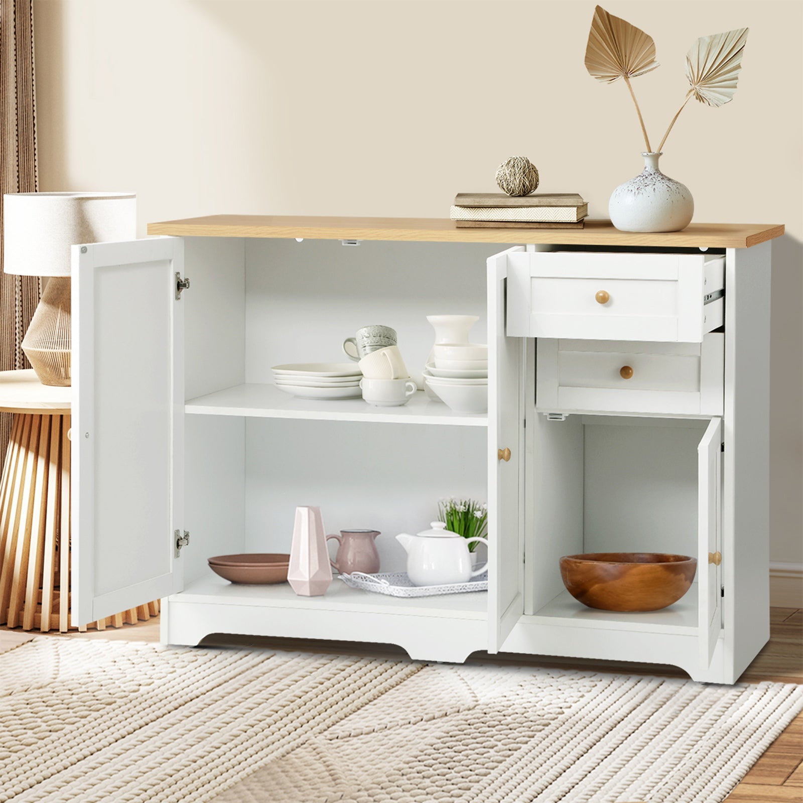 Oikiture Sideboard Buffet Storage Cabinet Cupboard Hallway Kitchen Drawers Table - Sunyee