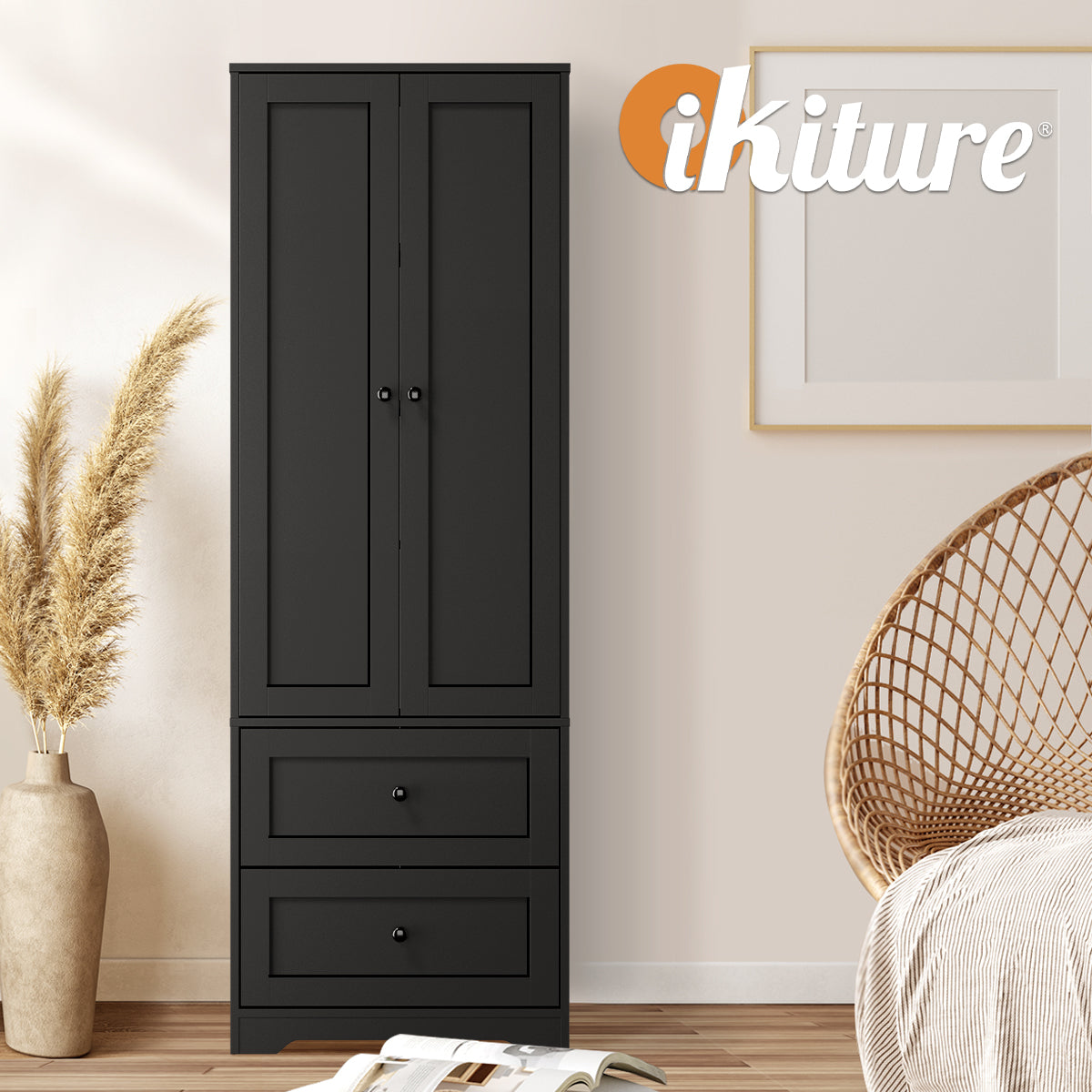 Oikiture 2PCS Sideboard Cupboard Storage Cabinet Wardrobe Shelf Drawer Black