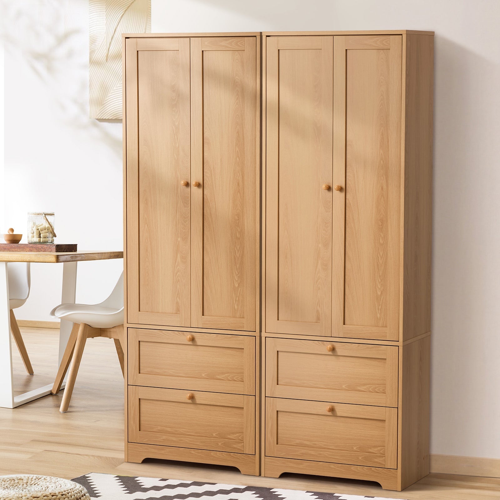 Oikiture 2PCS Sideboard Cupboard Storage Cabinet Wardrobe Shelf Drawer Natural