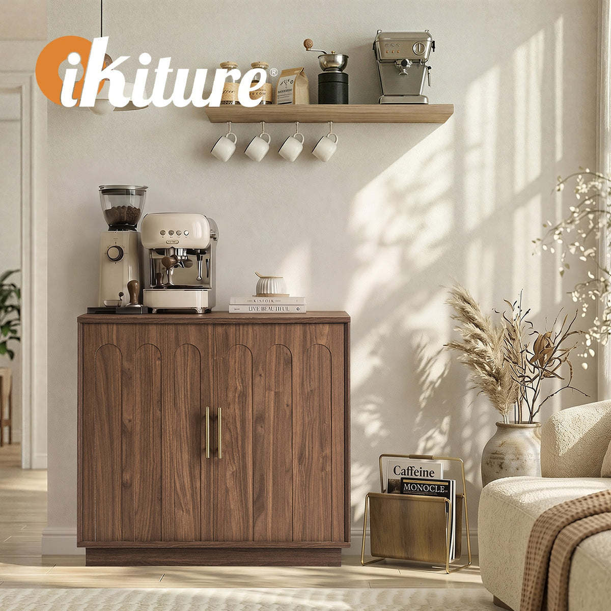 Oikiture Buffet Sideboard Storage Cabinet 2 Door Cupboard Hallway Table Walnut