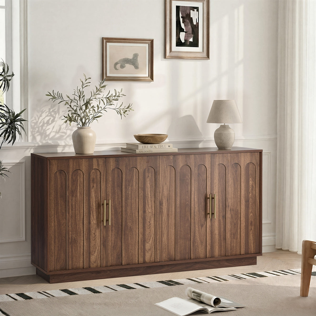 Oikiture 140cm Buffet Sideboard Storage Cabinet Cupboard Hallway Table Walnut