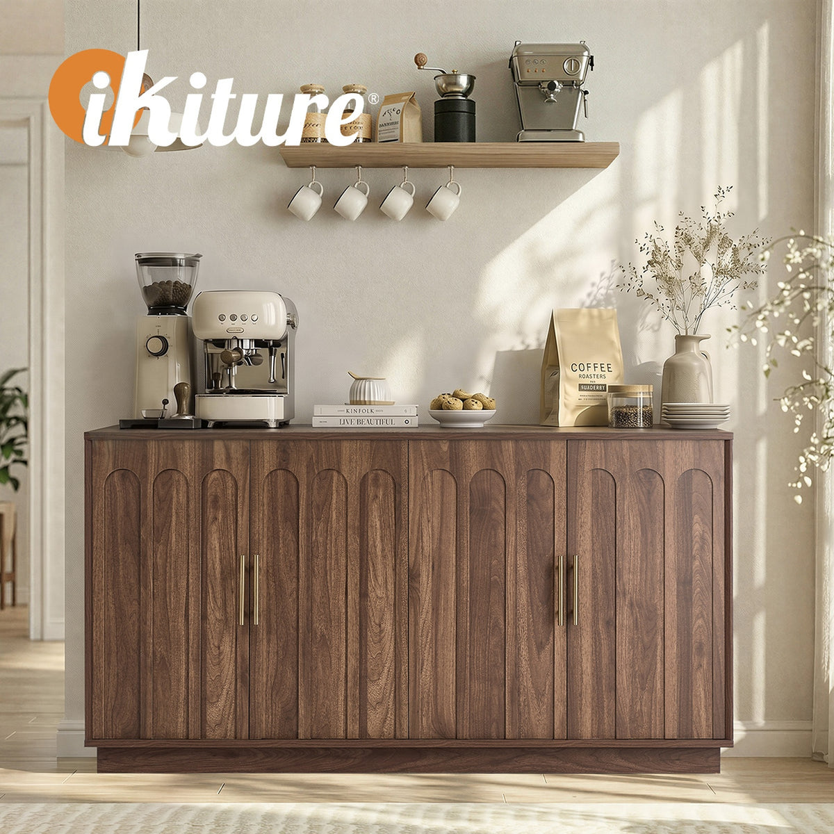 Oikiture 140cm Buffet Sideboard Storage Cabinet Cupboard Hallway Table Walnut