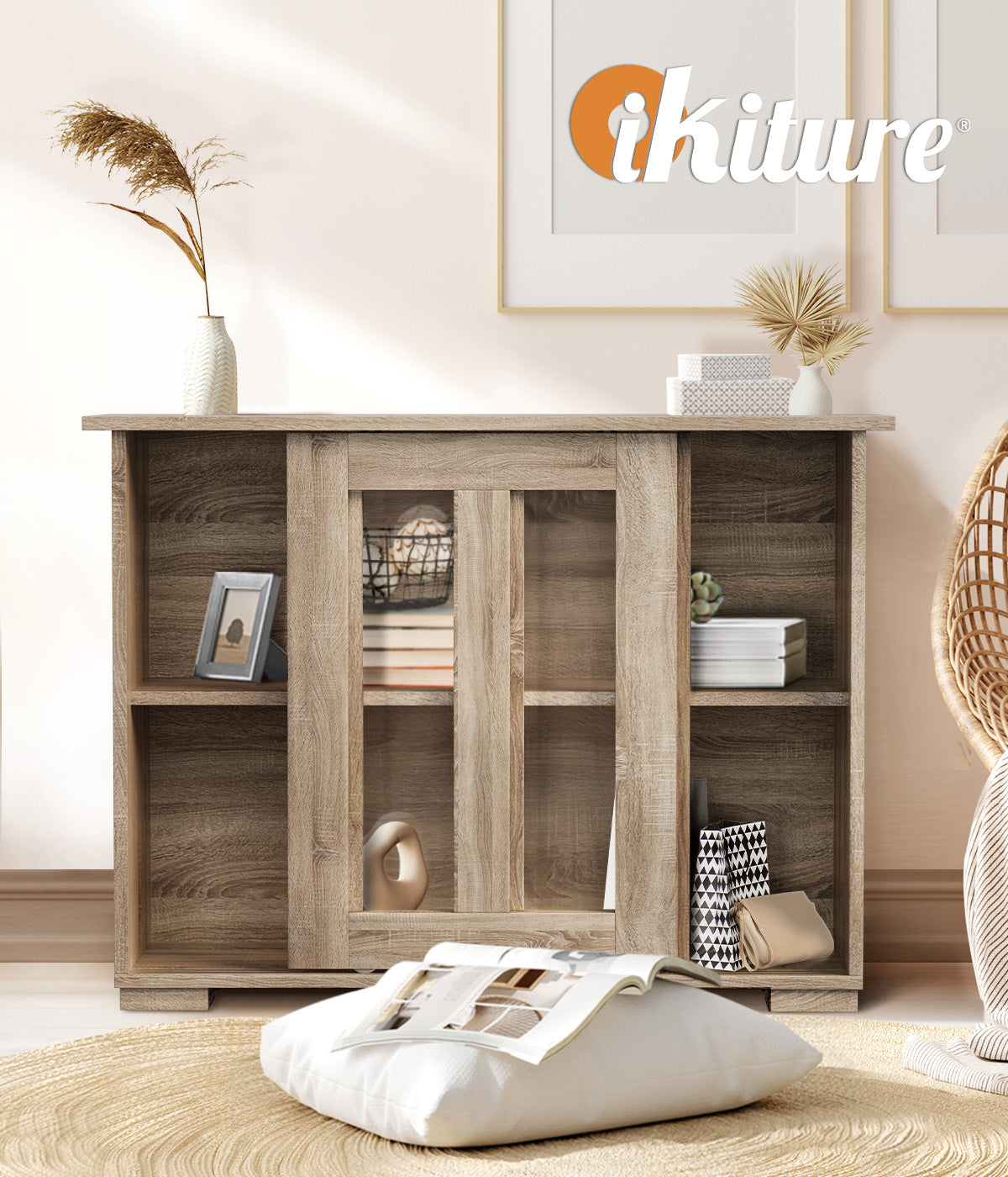Oikiture Sideboard Buffet Cupboard Cabinet Glass Sliding Door Storage Natural