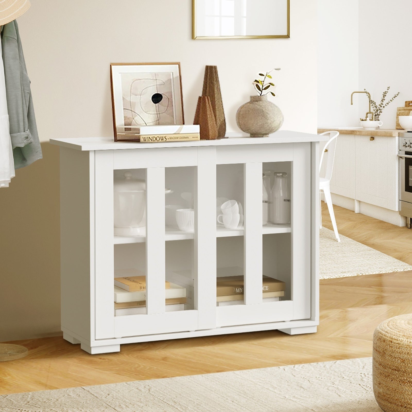 Oikiture Sideboard Buffet Cupboard Cabinet Glass Sliding Door Storage White