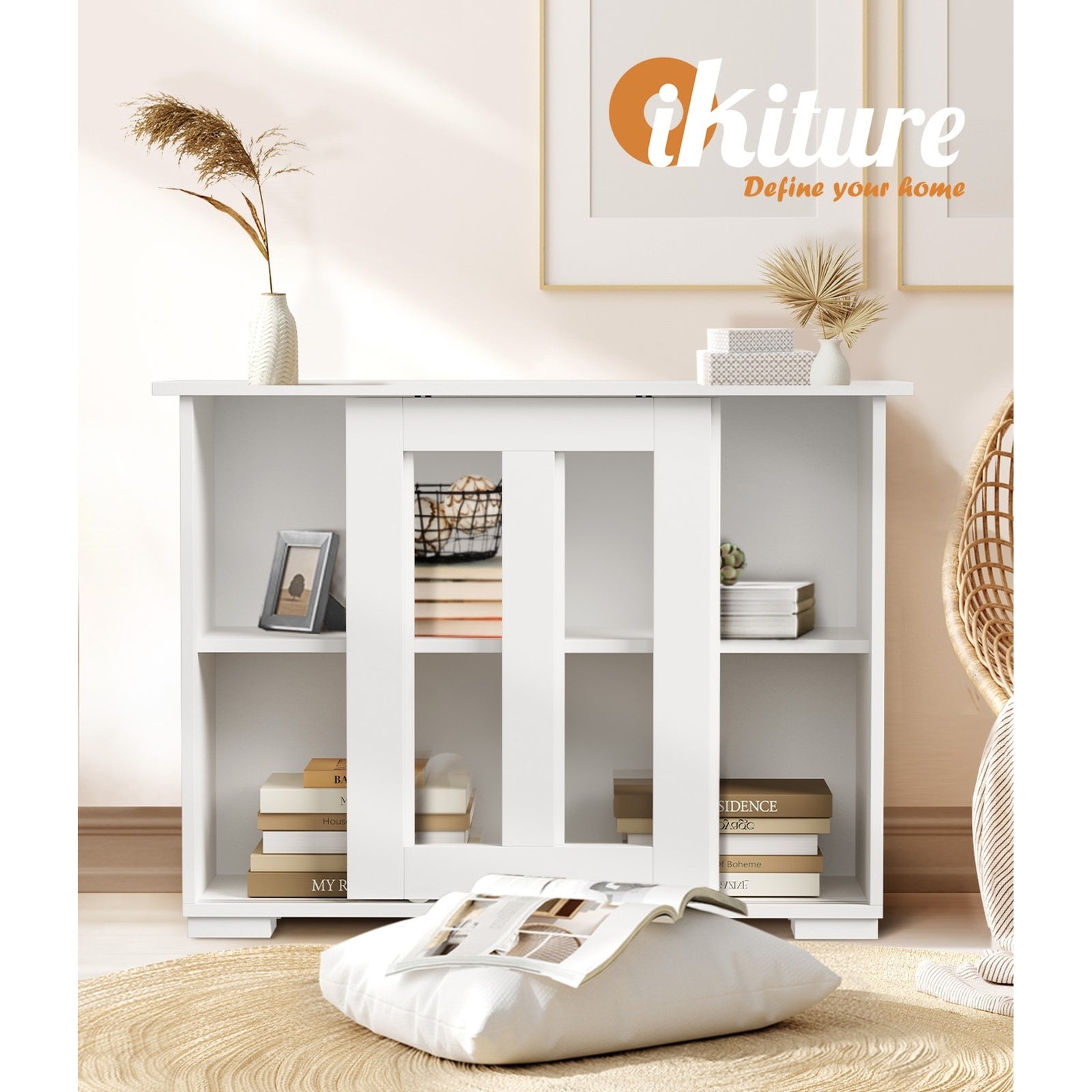 Oikiture Sideboard Buffet Cupboard Cabinet Glass Sliding Door Storage White