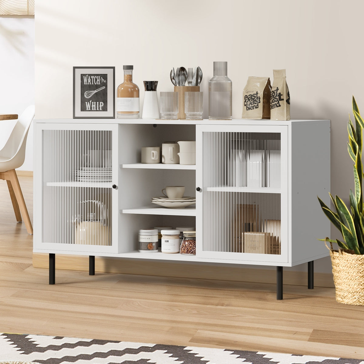 Oikiture Sideboard Buffet Storage Cabinet Tempered Glass Door Cupboard White - Sunyee