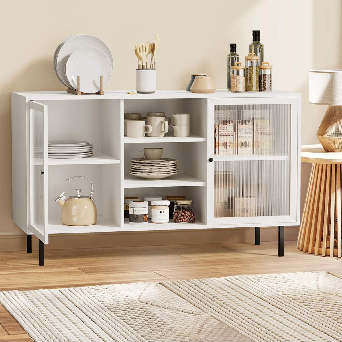 Oikiture Sideboard Buffet Storage Cabinet Tempered Glass Door Cupboard White - Sunyee