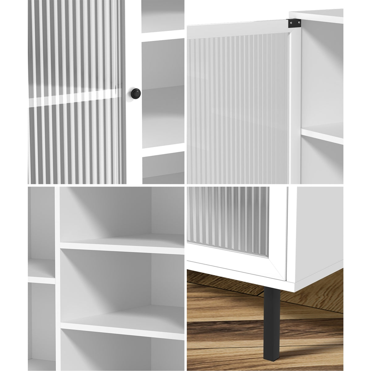 Oikiture Sideboard Buffet Storage Cabinet Tempered Glass Door Cupboard White - Sunyee