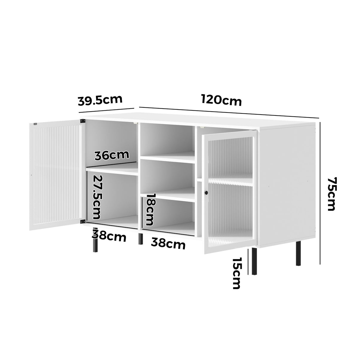 Oikiture Sideboard Buffet Storage Cabinet Tempered Glass Door Cupboard White - Sunyee