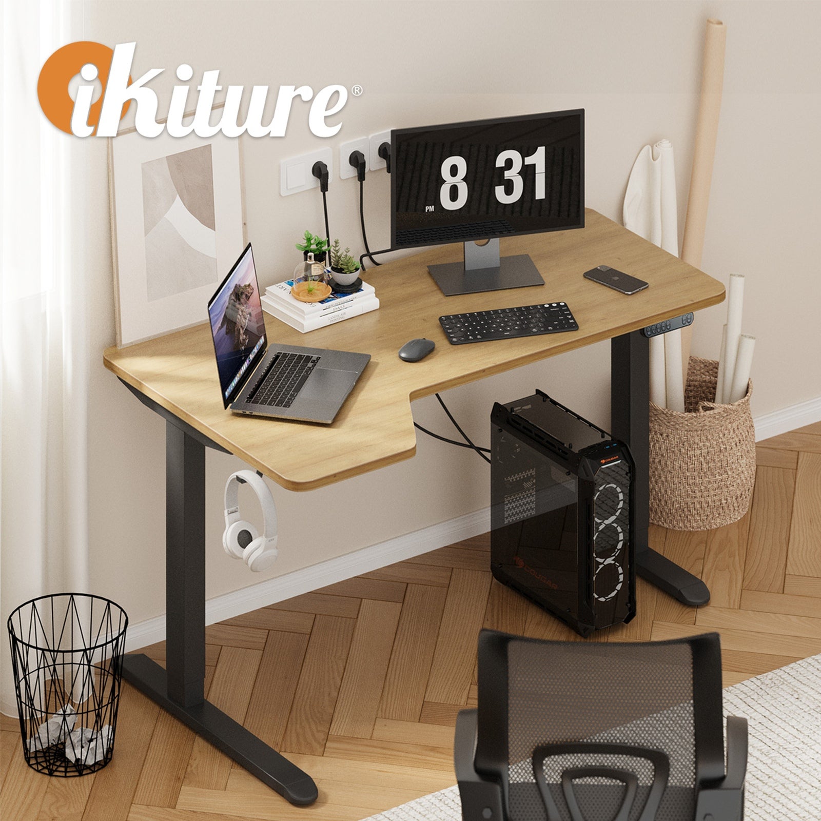Oikiture L-shape Electric Standing Desk Single Motor Black Frame 145CM Desktop - Sunyee