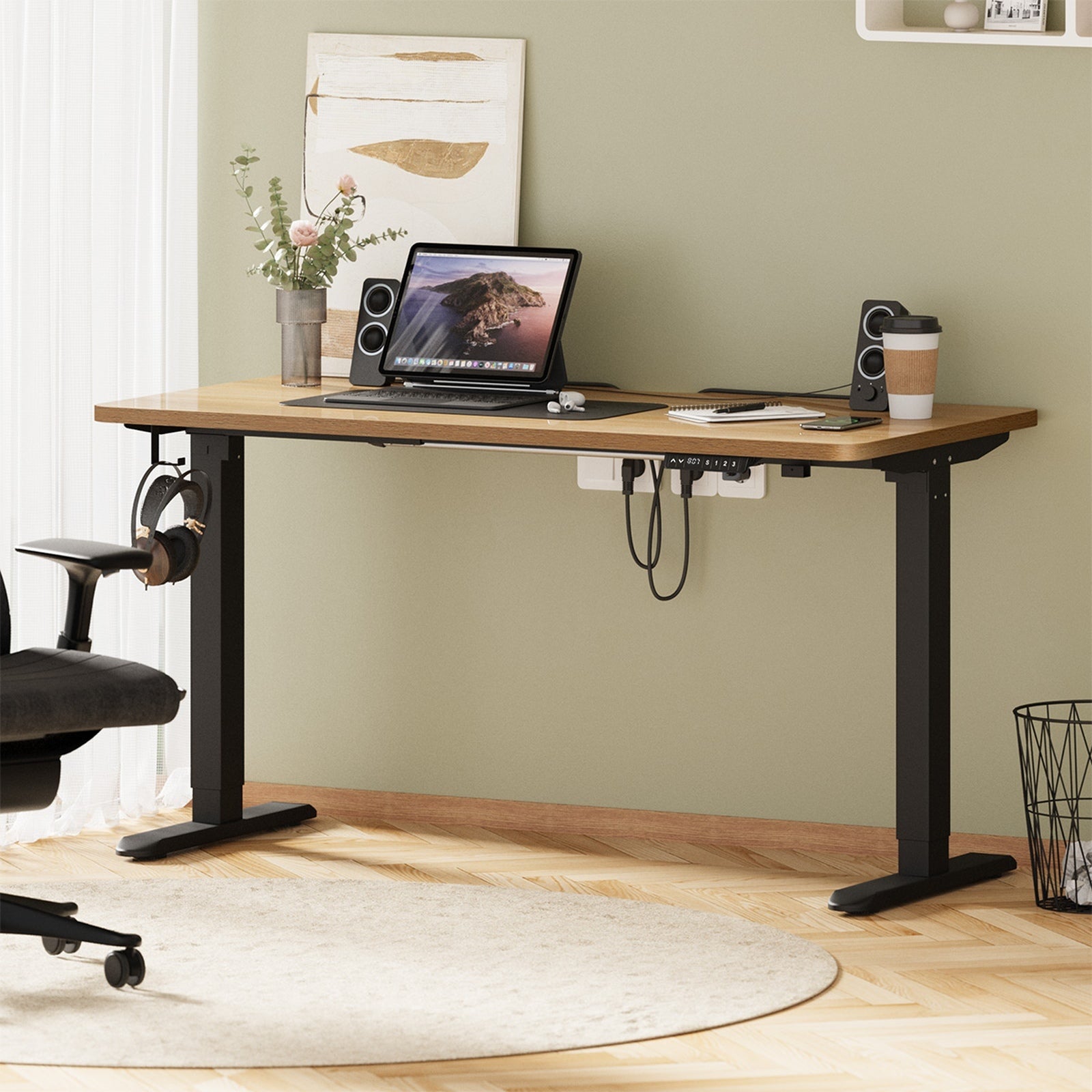 Oikiture Electric Standing Desk With Wireless Charging Single Black Motor 140CM