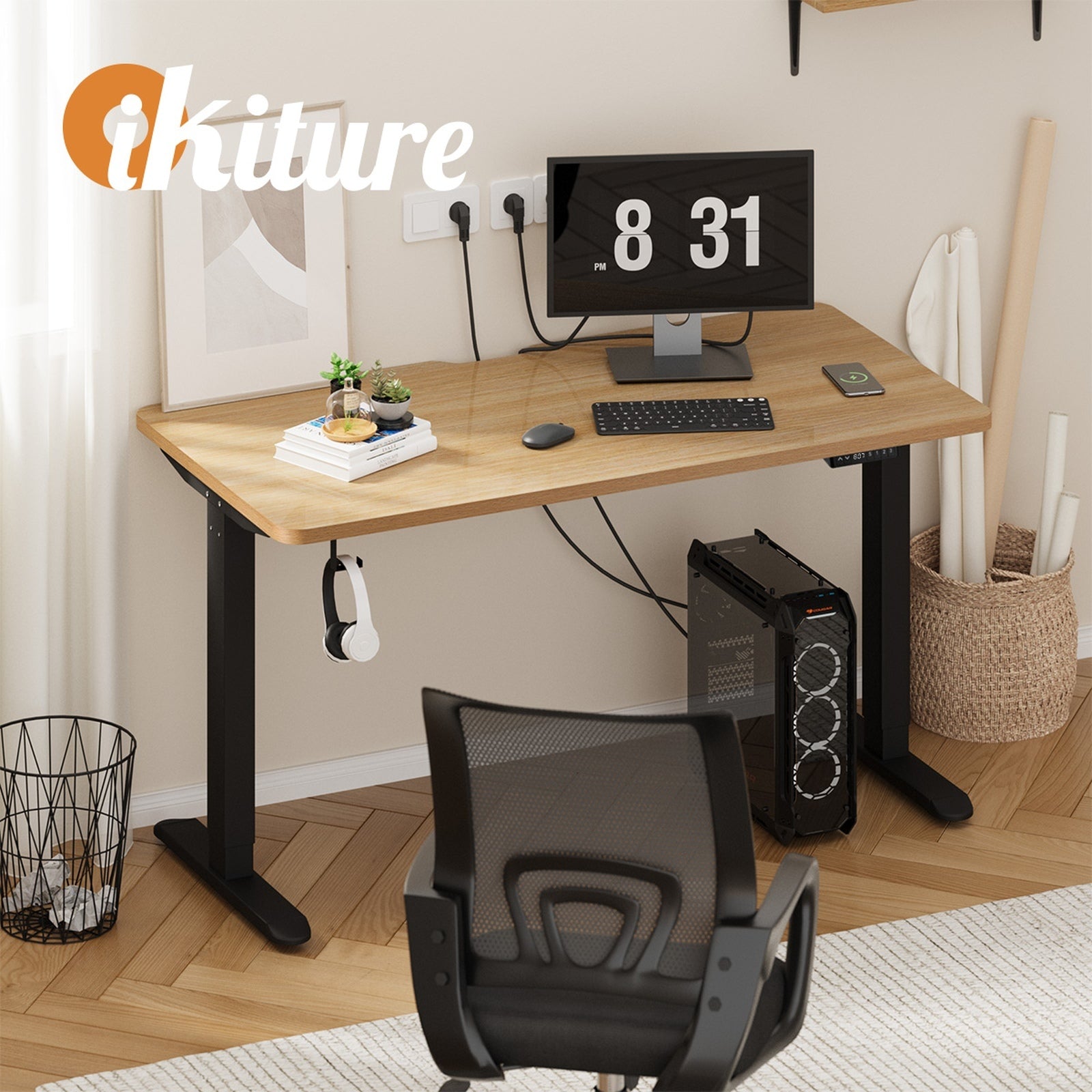 Oikiture Electric Standing Desk With Wireless Charging Single Black Motor 140CM