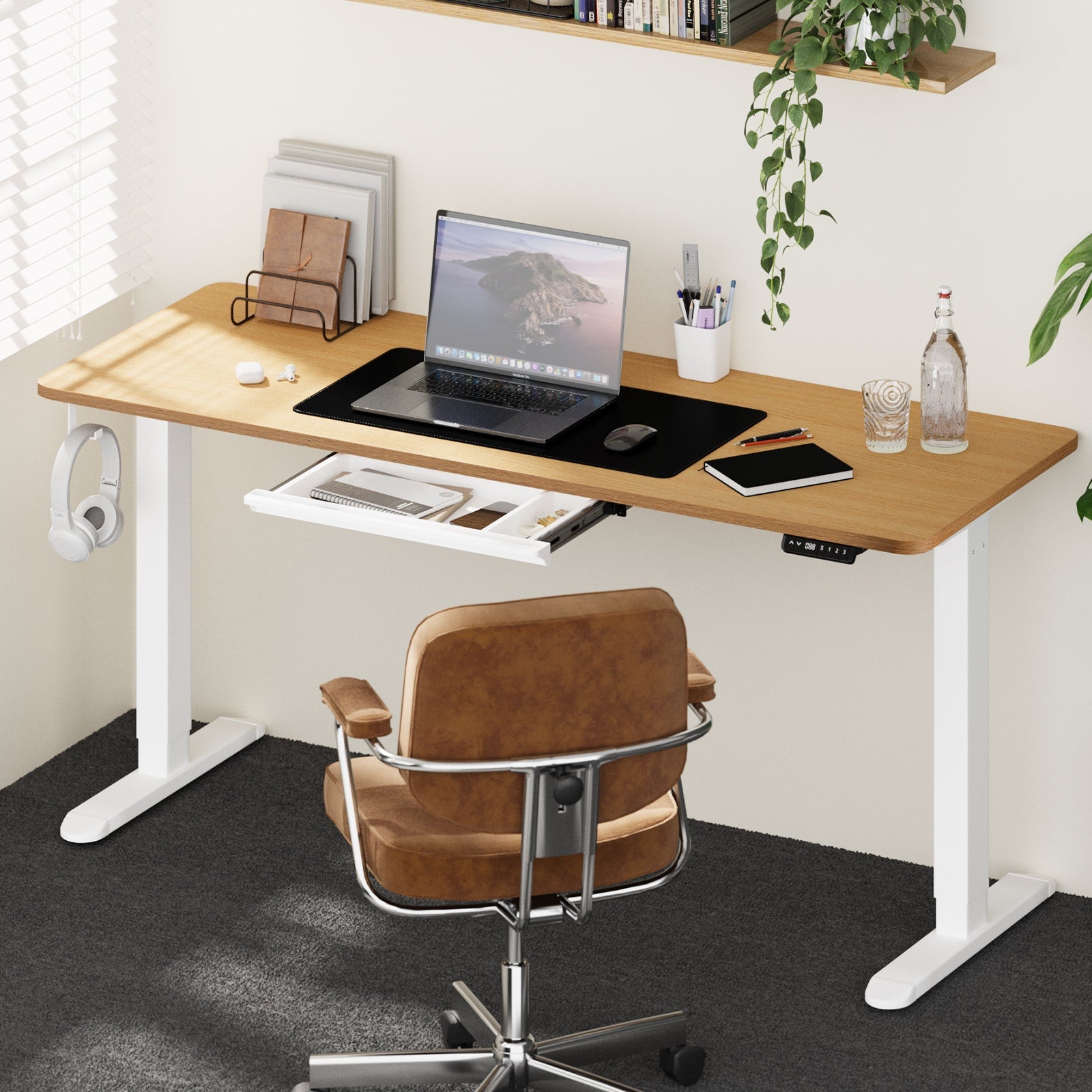 Oikiture 160cm Standing Desk With Drawer Motorized Adjustable Office Table White - Sunyee