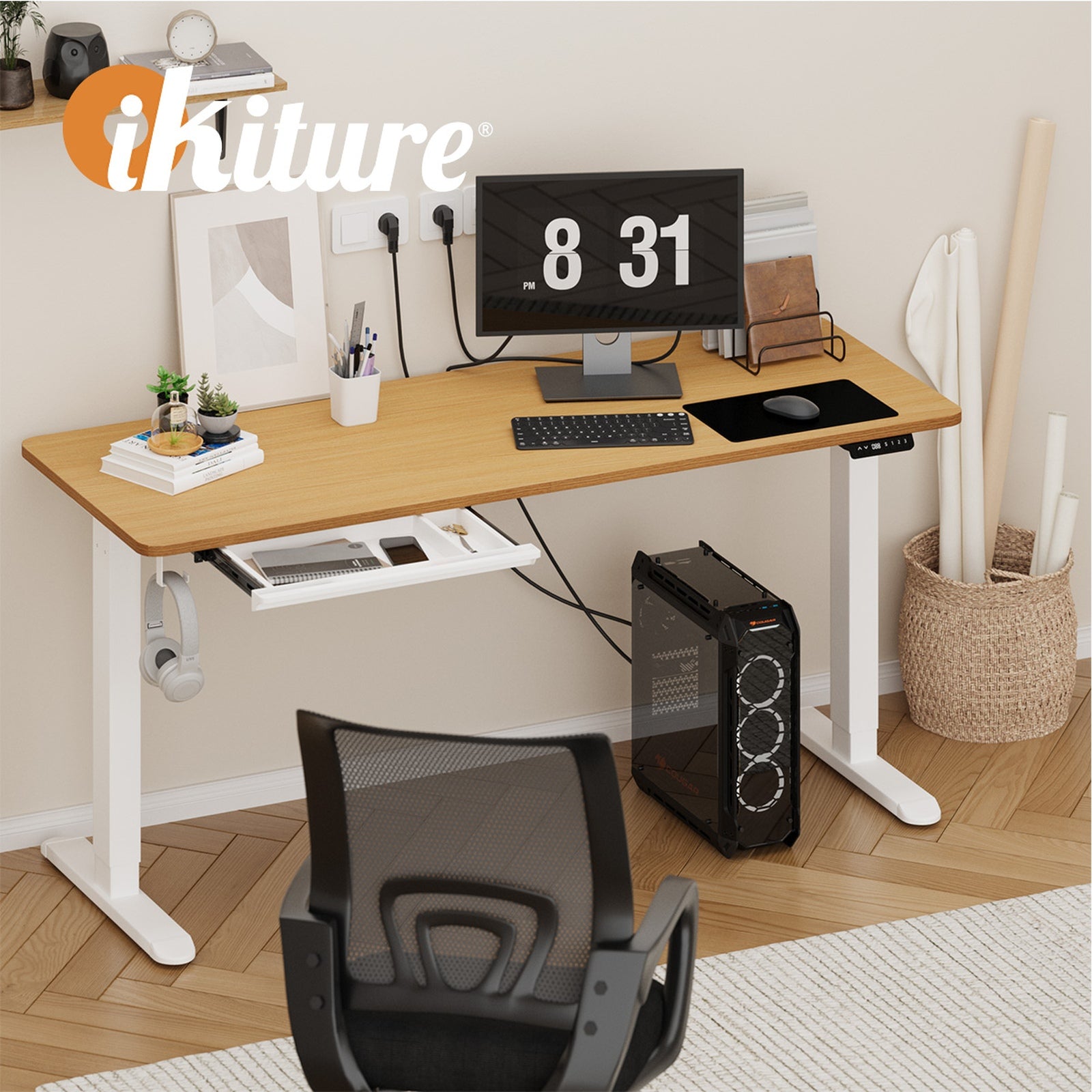 Oikiture 160cm Standing Desk With Drawer Motorized Adjustable Office Table White - Sunyee
