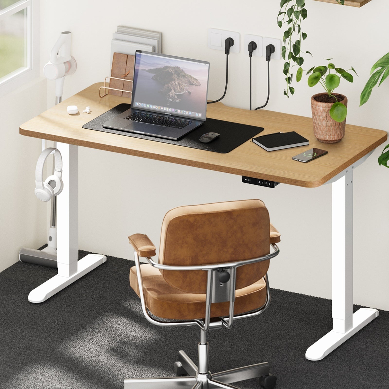 Oikiture Electric Standing Desk With Wireless Charging Single White Motor 140CM