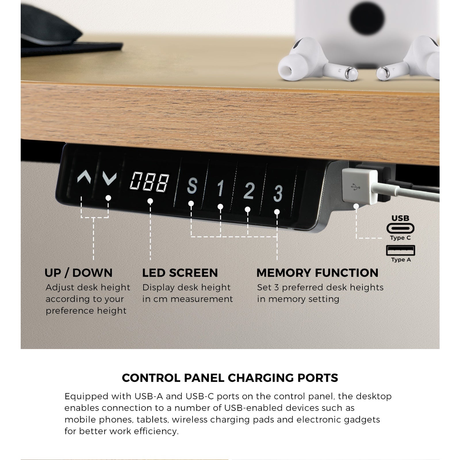 Oikiture Electric Standing Desk With Wireless Charging Single White Motor 140CM