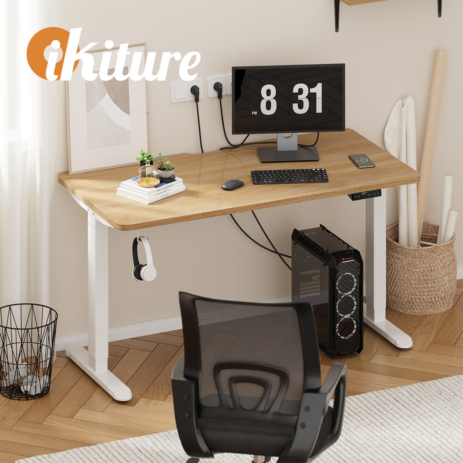 Oikiture Electric Standing Desk With Wireless Charging Single White Motor 140CM