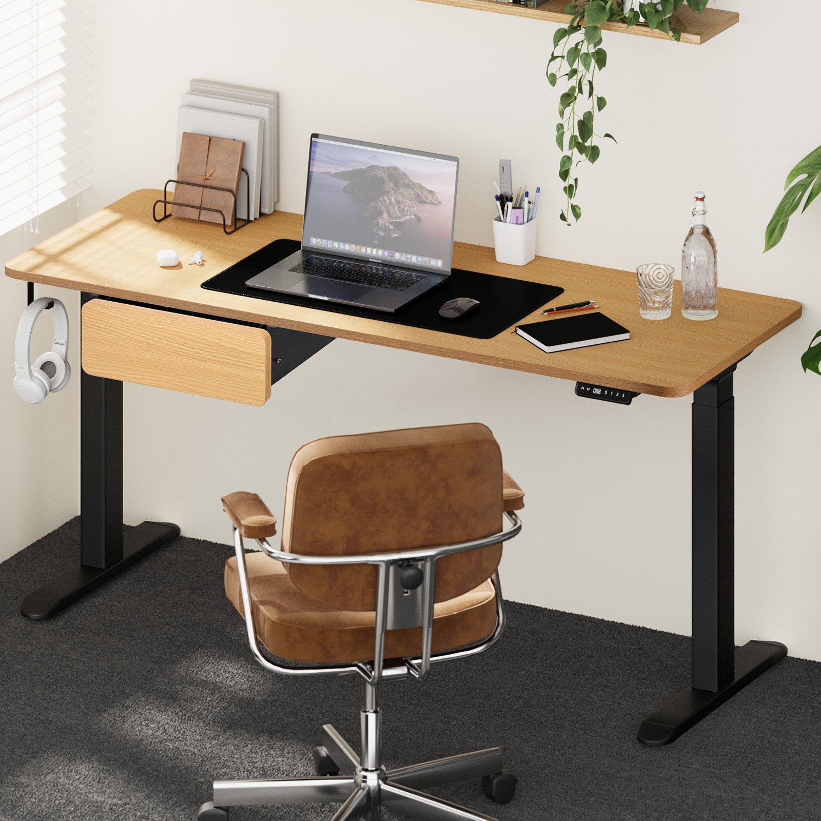 Oikiture 160cm Electric Standing Desk Dual Motor Drawer Adjustable Oak Black - Sunyee