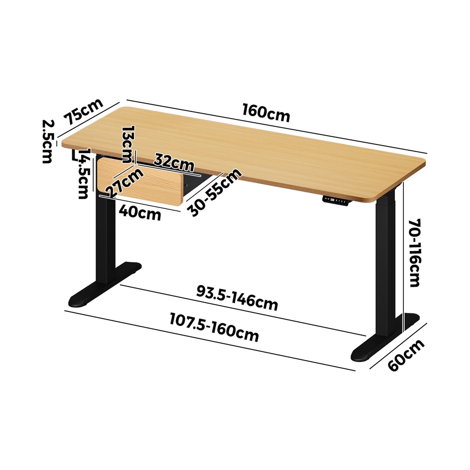 Oikiture 160cm Electric Standing Desk Dual Motor Drawer Adjustable Oak Black - Sunyee