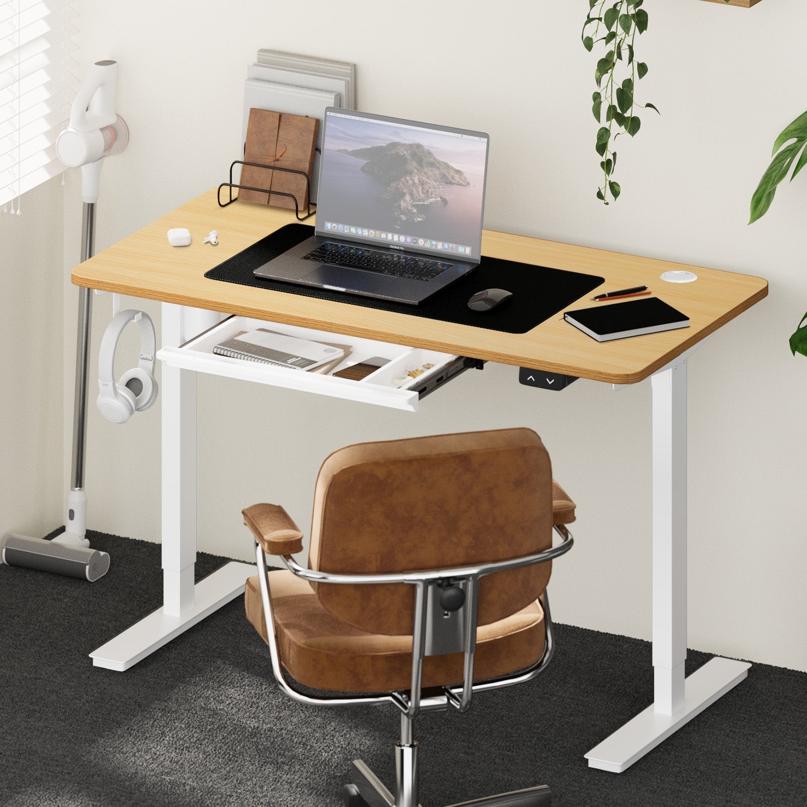 Oikiture 150cm Electric Standing Desk with Drawer Height Adjustable White & Oak - Sunyee