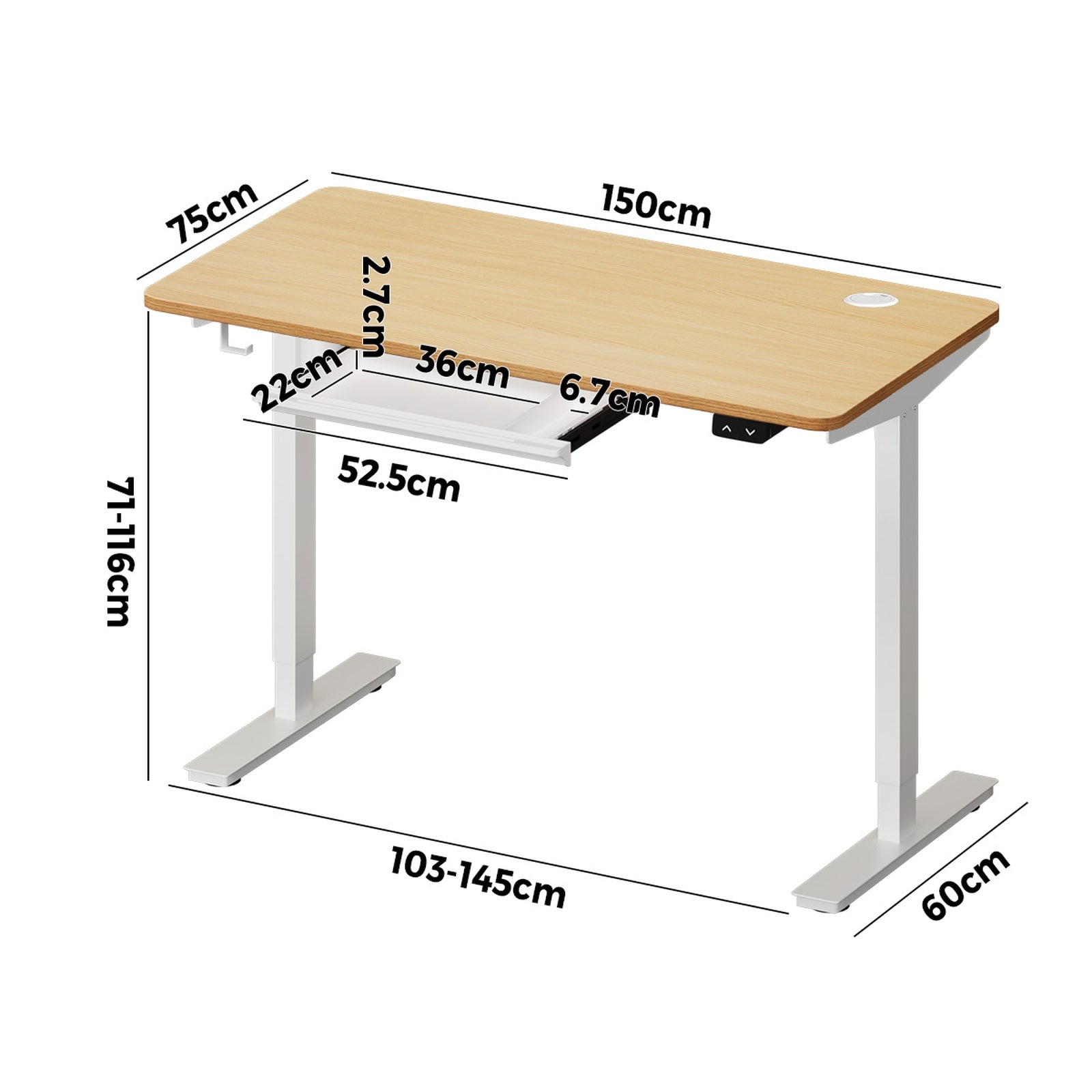 Oikiture 150cm Electric Standing Desk with Drawer Height Adjustable White & Oak - Sunyee