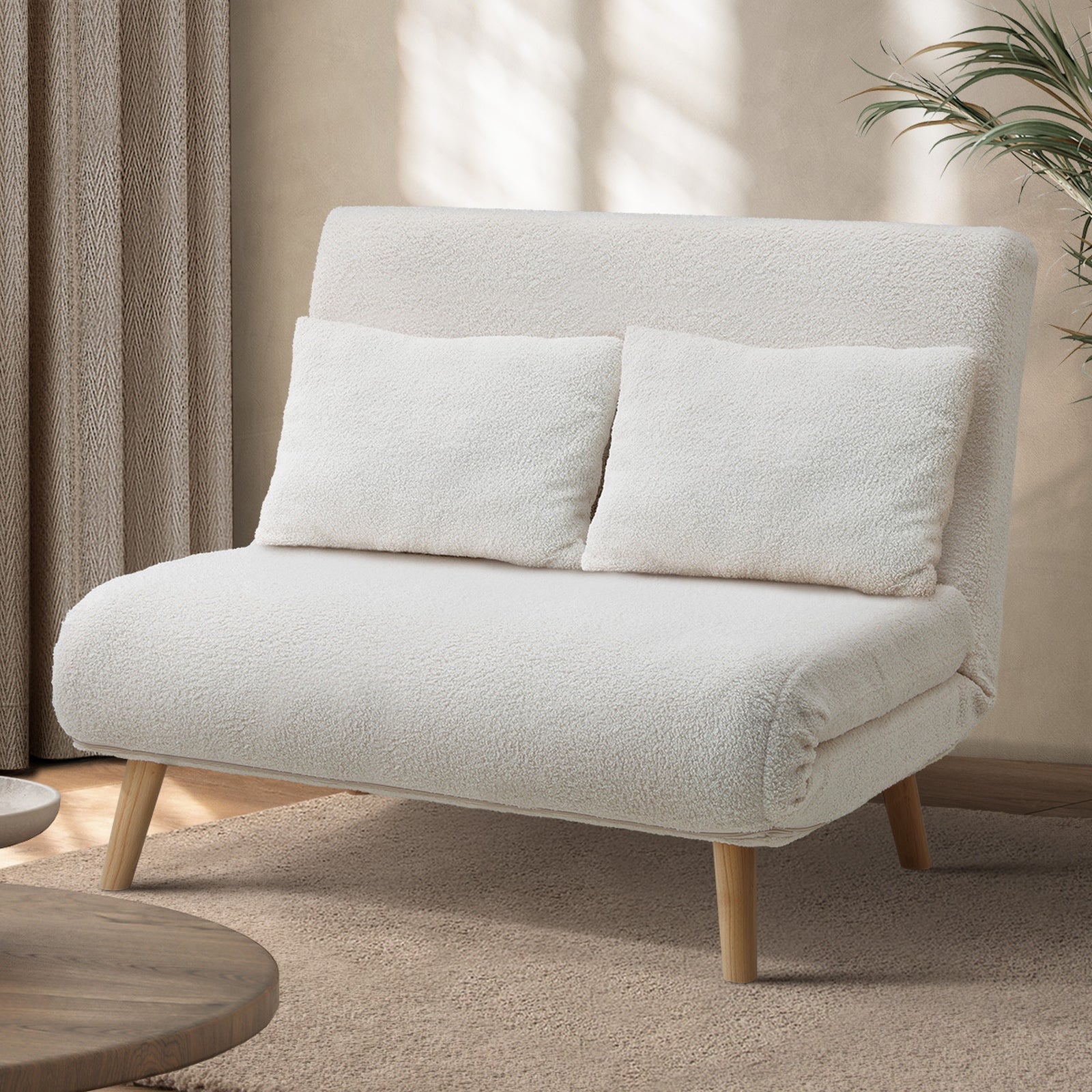 Oikiture Sofa Bed Lounge Chair Sherpa Fabric Recliner Wood Leg Double Seat White - Sunyee