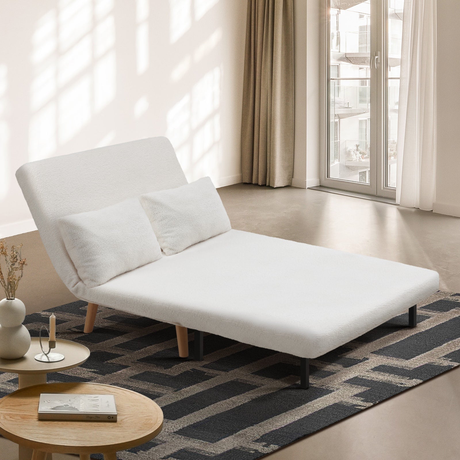 Oikiture Sofa Bed Lounge Chair Sherpa Fabric Recliner Wood Leg Double Seat White - Sunyee