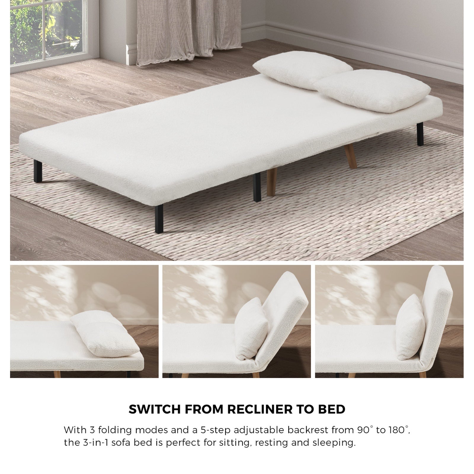 Oikiture Sofa Bed Lounge Chair Sherpa Fabric Recliner Wood Leg Double Seat White - Sunyee