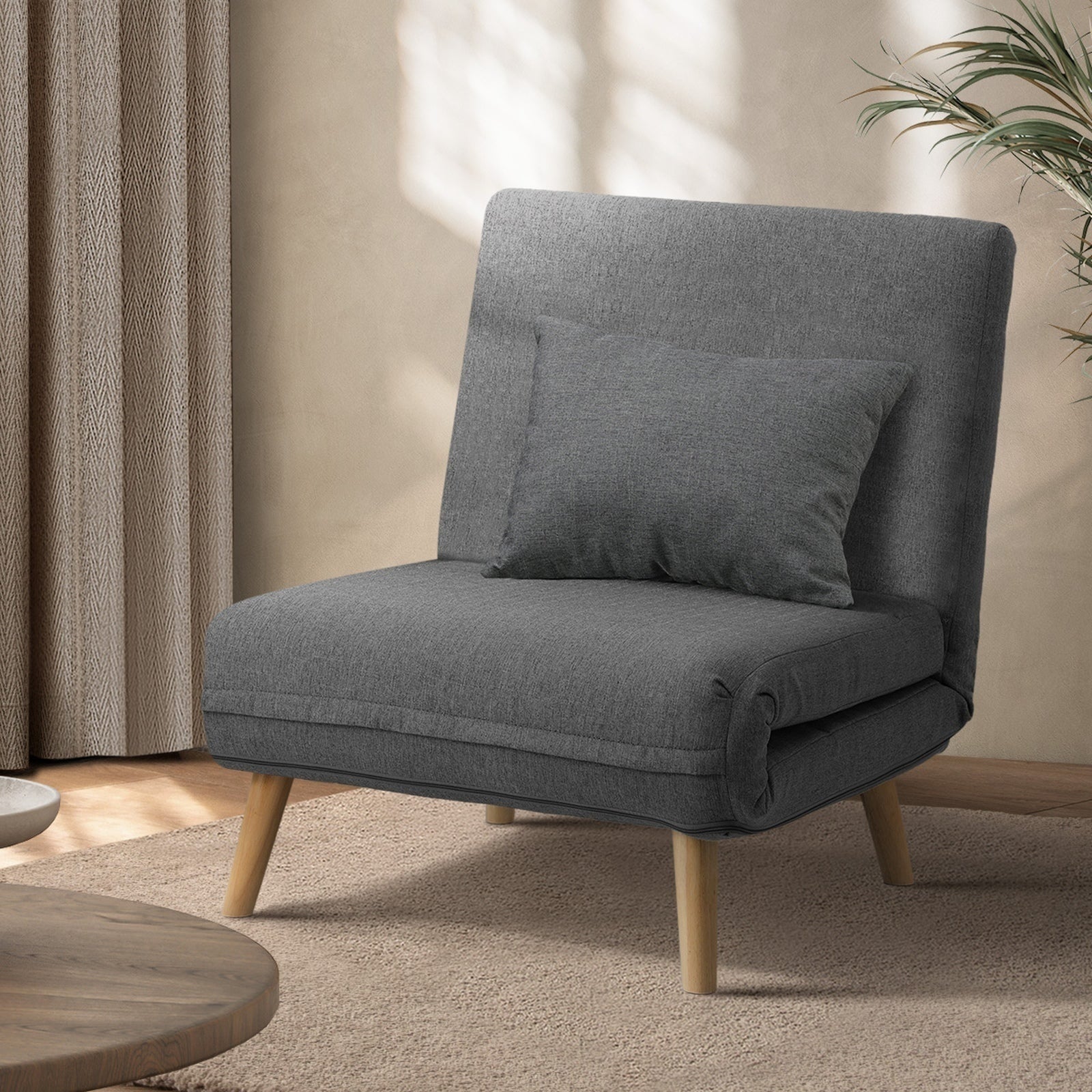 Oikiture Sofa Bed Lounge Chair Linen Fabric Recliner Wood Leg Single Seat Grey - Sunyee