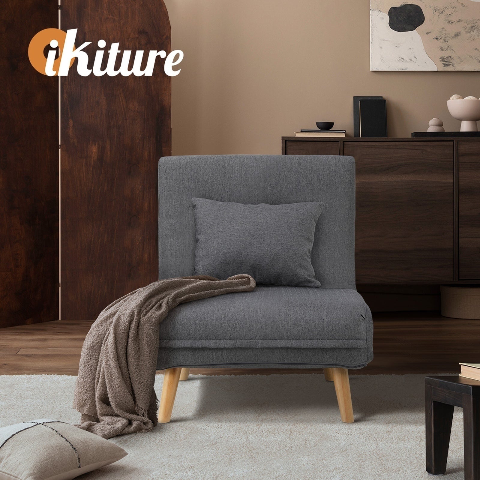 Oikiture Sofa Bed Lounge Chair Linen Fabric Recliner Wood Leg Single Seat Grey - Sunyee