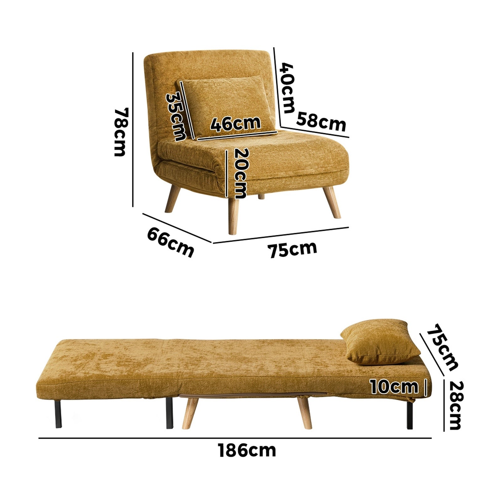 Oikiture Sofa Bed Lounge Chair Chenille Recliner Wooden Legs Single Seat Yellow - Sunyee