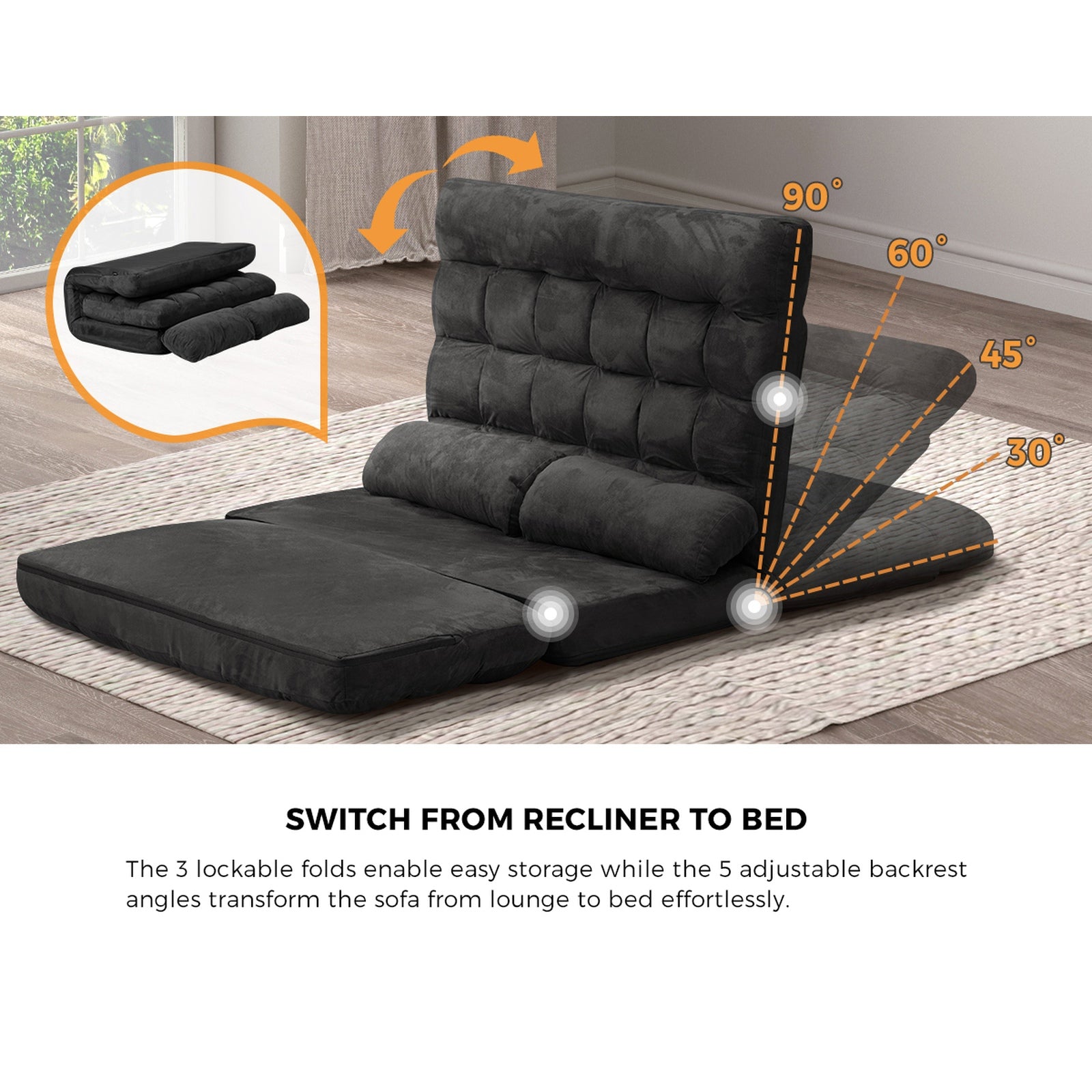 Oikiture Folding Sofa Bed Floor Lounge Recliner 2 Seater Chaise Chair Couch - Sunyee