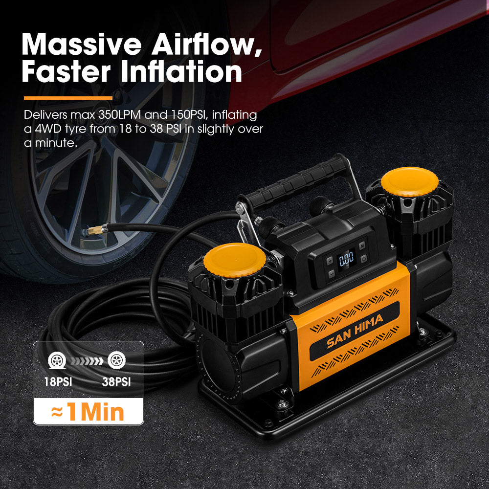 San Hima 12V Dual Cylinders Air Compressor 350L/min 150PSI Digital Portable